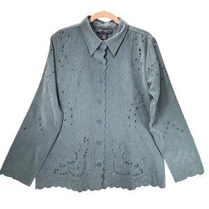 Susan Graver Embroidered Cut out Blouse Blue Button Up Long Sleeve Womens M